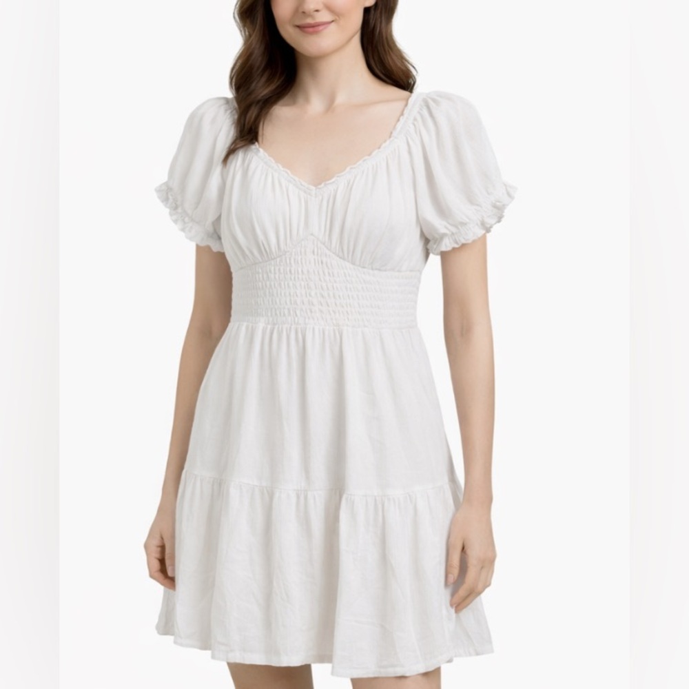 White Peasant Boho Dress with Puff Sleeves – Size L